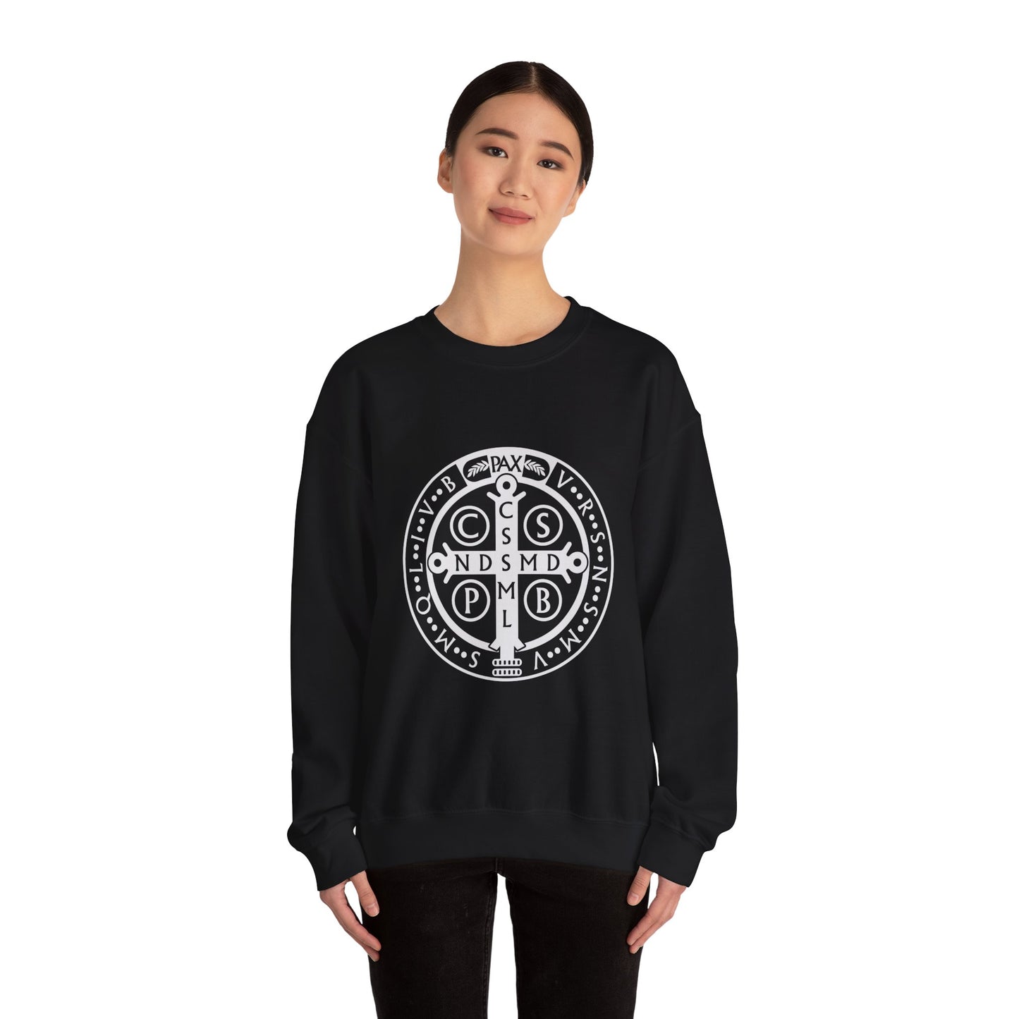 St Benedict Medal Crewneck Sweatshirt for the Faithful Warrior