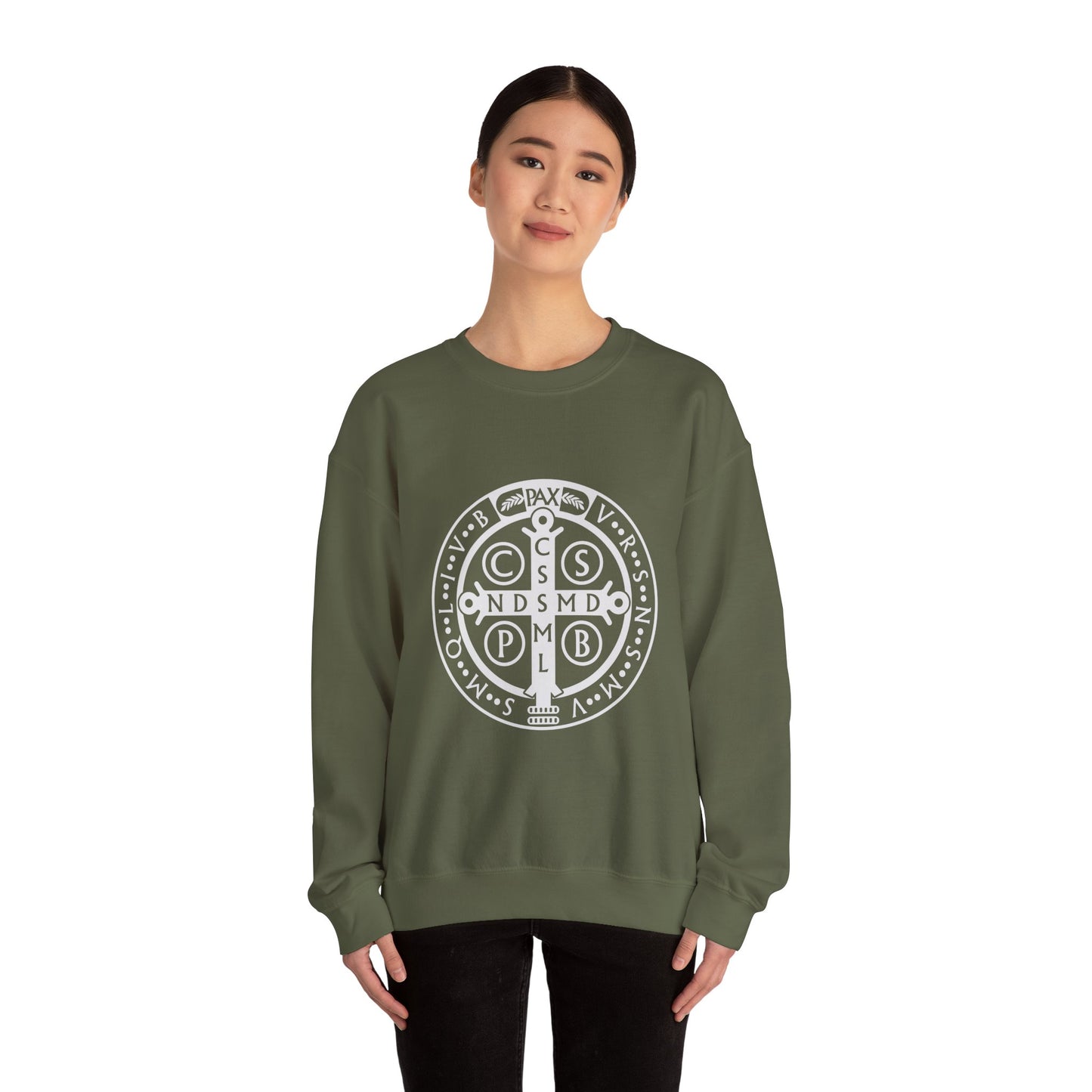 St Benedict Medal Crewneck Sweatshirt for the Faithful Warrior